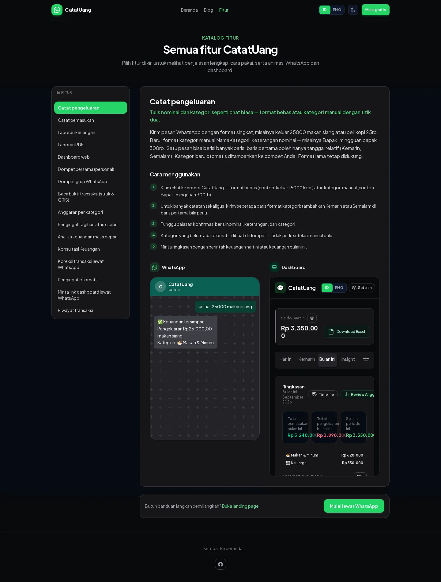 Halaman fitur CatatUang (desktop)