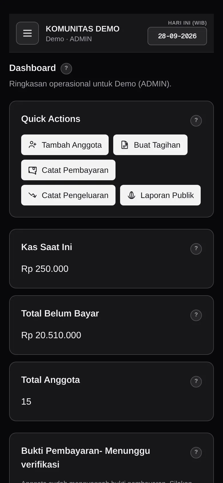 Dashboard komunitas demo (tampilan ponsel)