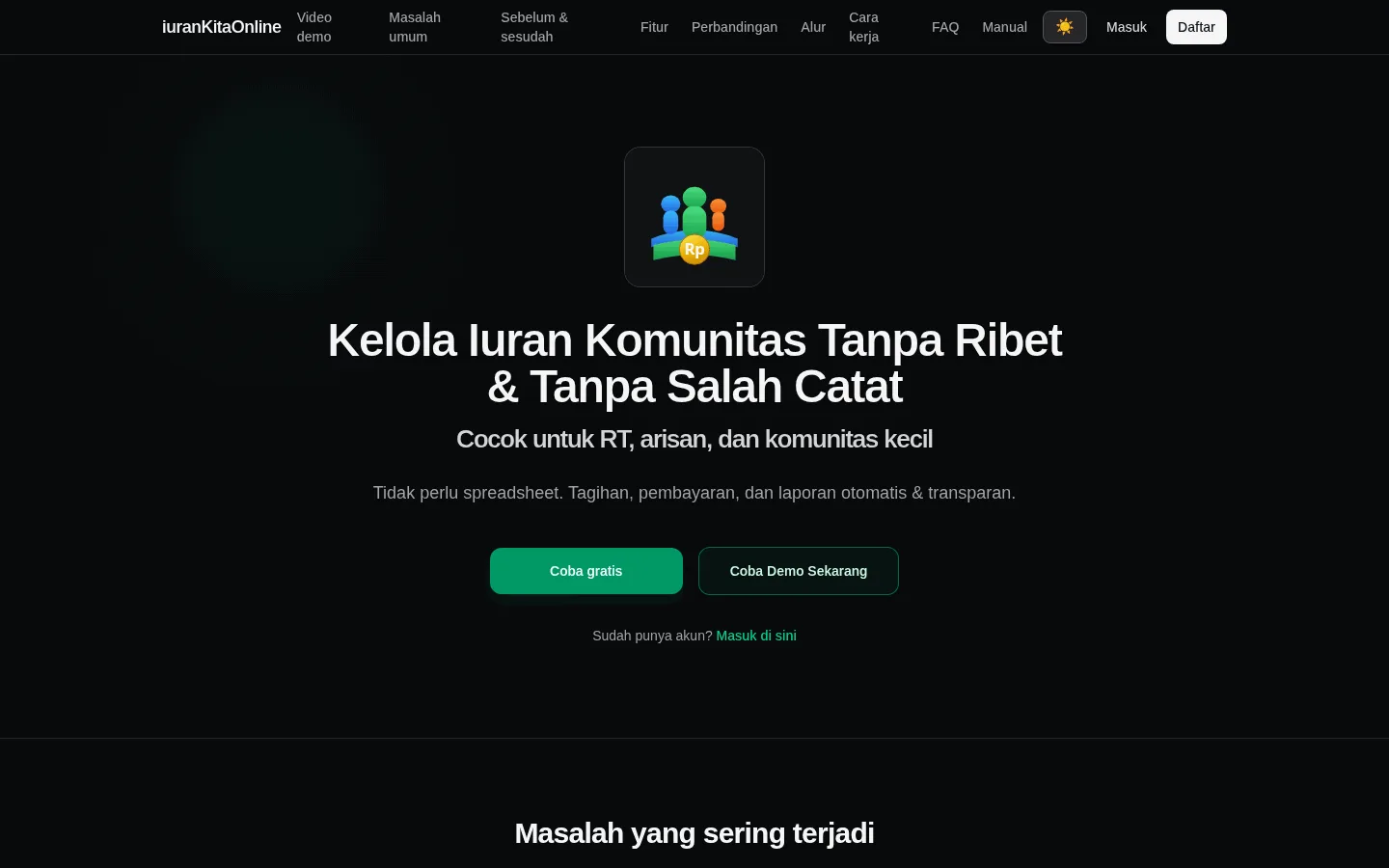 Halaman utama iuranKitaOnline (desktop)