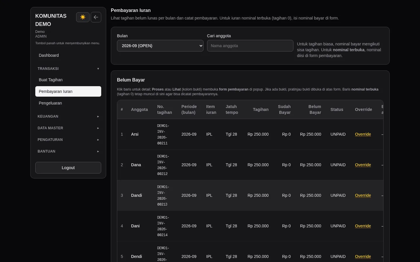 Daftar tagihan dan status pembayaran iuran (desktop)