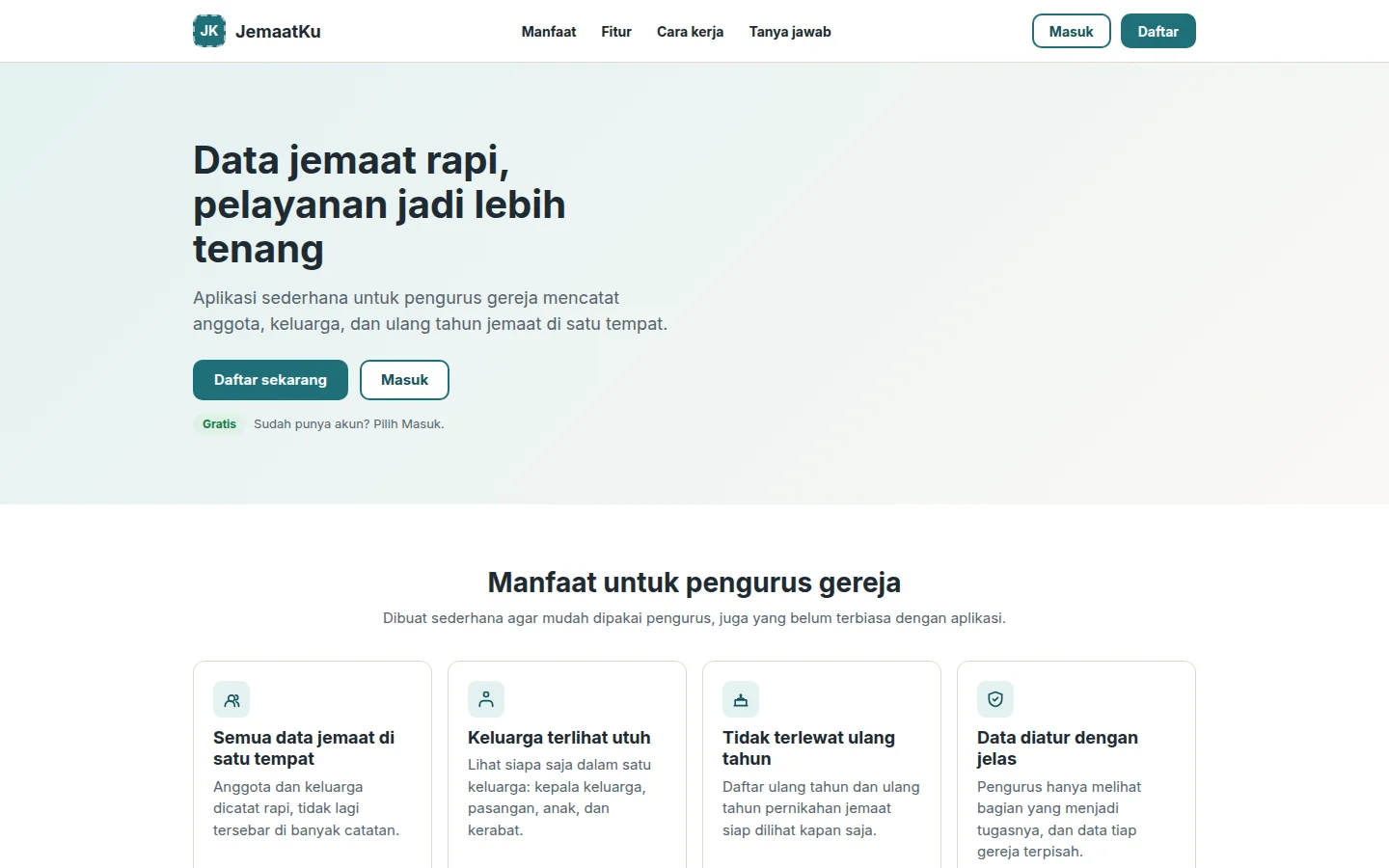 Halaman utama JemaatKu tentang data jemaat yang rapi (desktop)