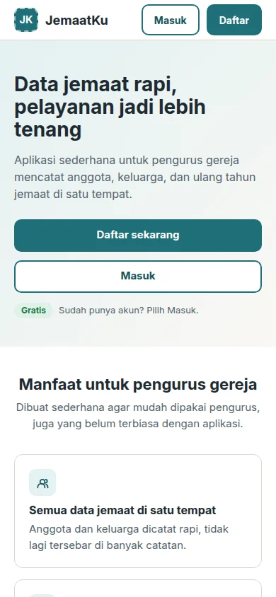 Halaman utama JemaatKu (tampilan ponsel)