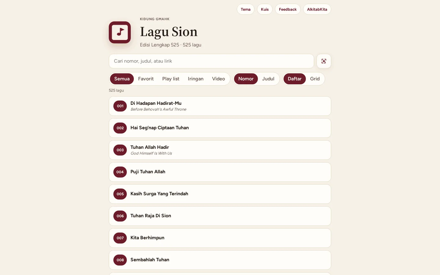 Halaman utama Lagu Sion (desktop)