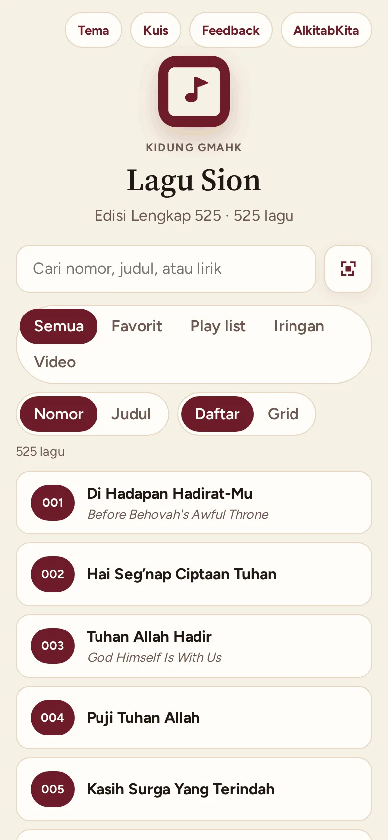Halaman utama Lagu Sion (tampilan ponsel)