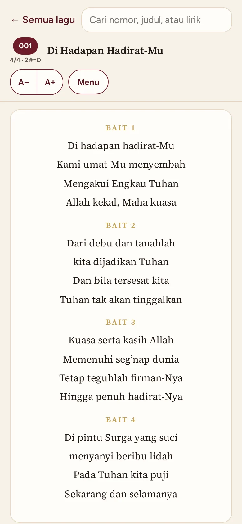 Halaman kidung dengan lirik per bait (tampilan ponsel)