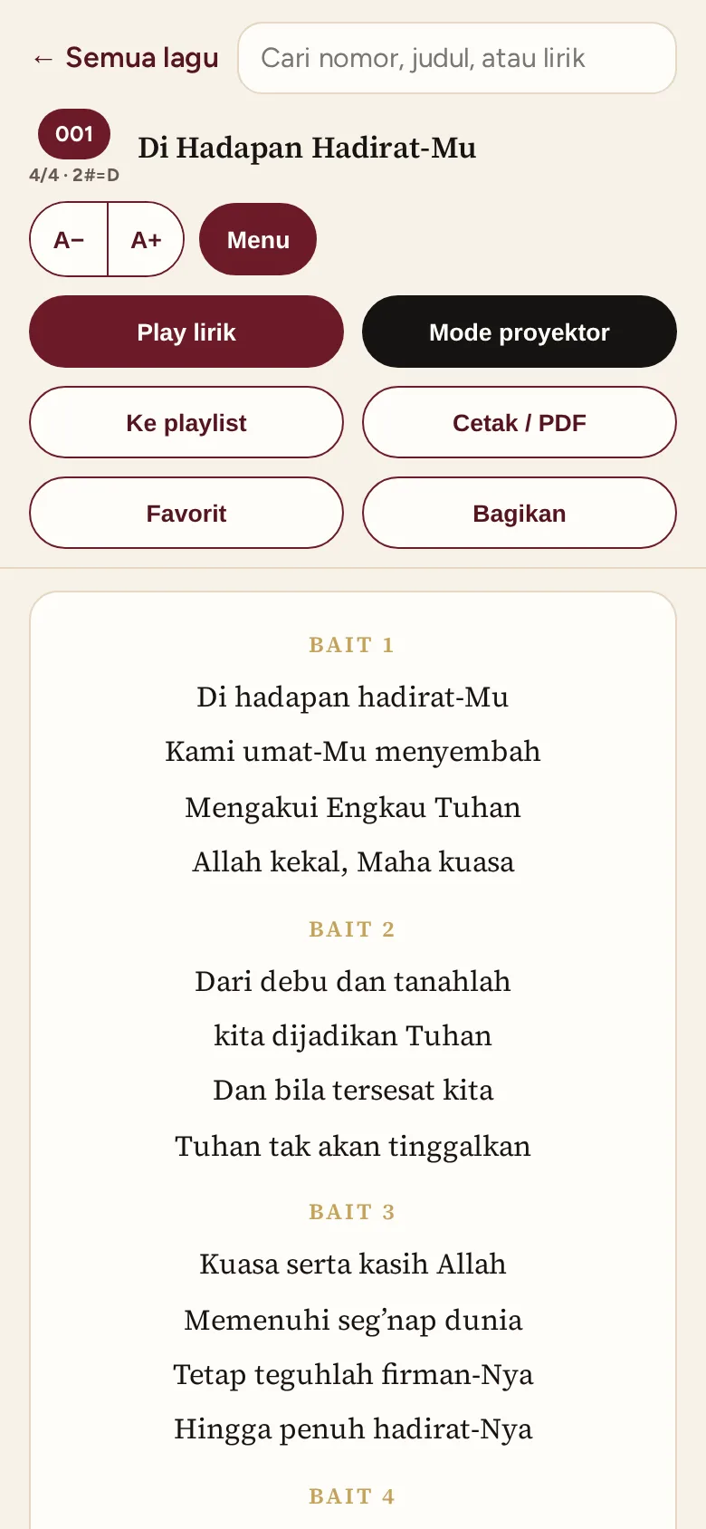 Menu aksi kidung di tampilan ponsel