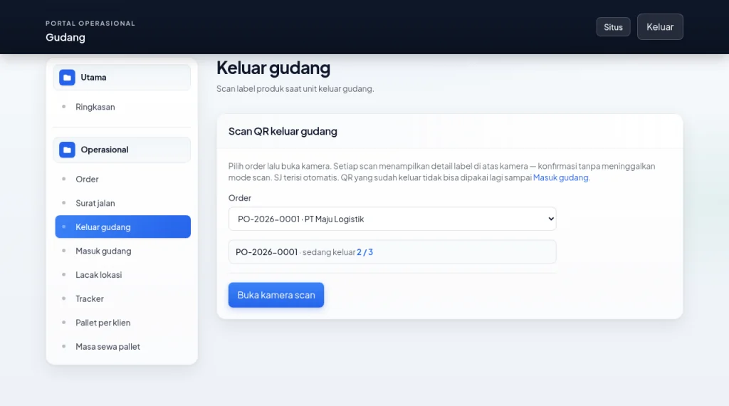 Pindai QR pallet keluar gudang dengan kemajuan 2 dari 3 pallet (desktop)