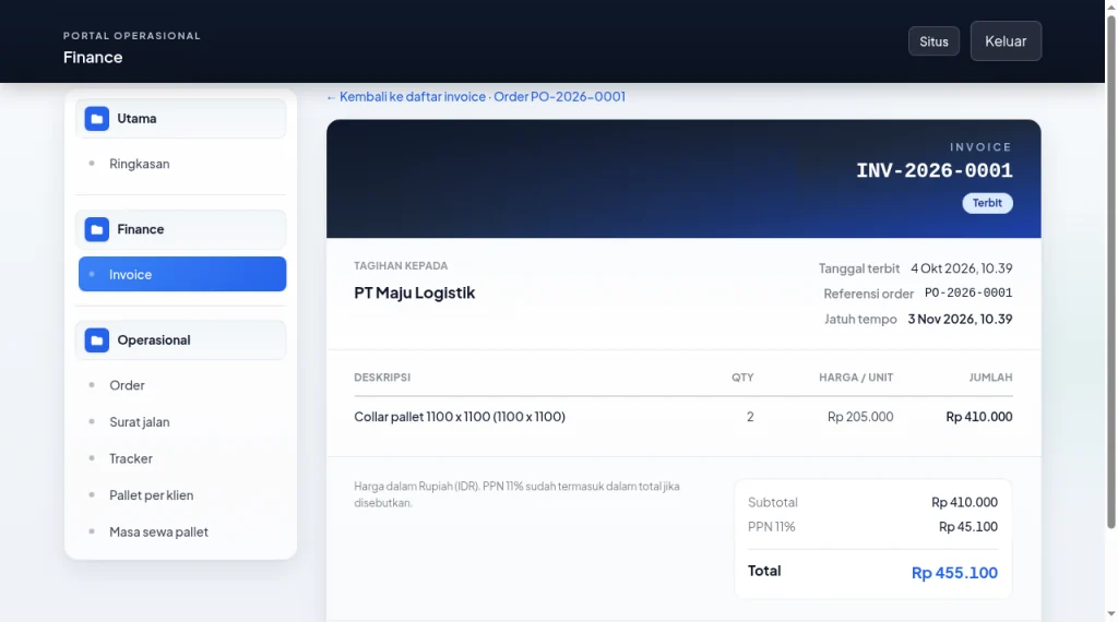 Rincian invoice terbit dengan subtotal, PPN, dan total (desktop)