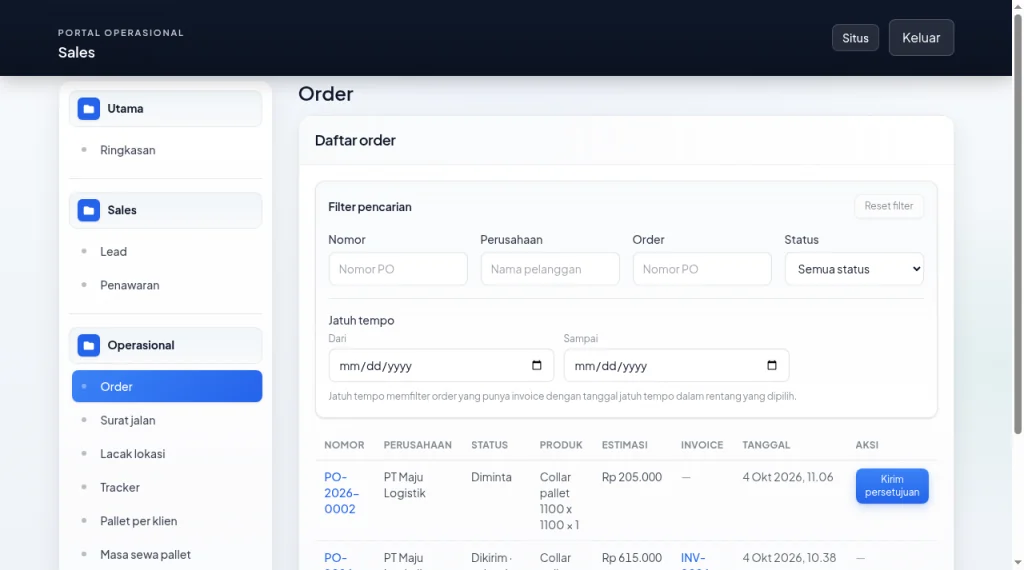 Daftar order dengan filter dan status di halaman kerja Sales (desktop)