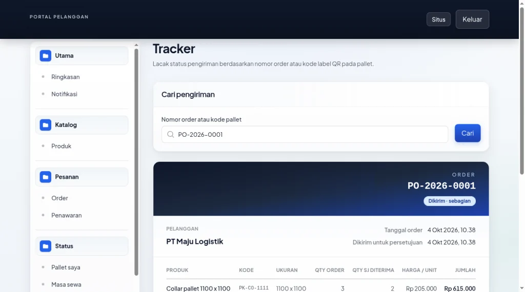 Hasil lacak pengiriman order di Portal Pelanggan (desktop)